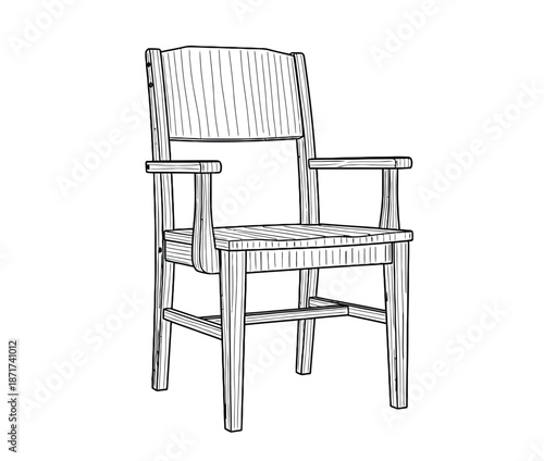 Wooden Armchair Sketch: Classic Dining Chair with Slat Back and Sturdy Legs