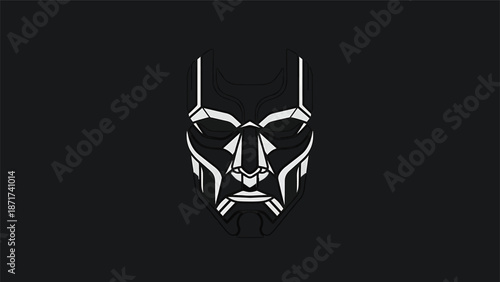 Intricate white robotic mask design against a stark black background, futuristic aesthetic.
