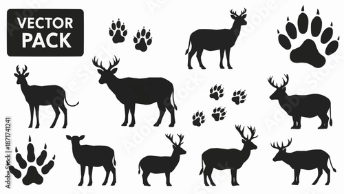 Deer and Paw Print Silhouettes Vector Pack.
