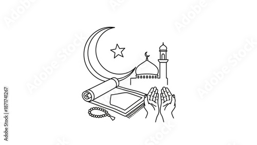 Black and white line drawing of a crescent moon with a star a mosque a prayer rug a rosary a book and two hands in prayer with Islamic and faith