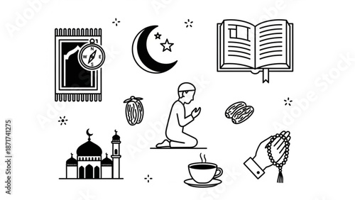 Black and white illustration of ramadan kareem concept with mosque man praying dates cup of coffee crescent moon stars book compass and rosary on white background