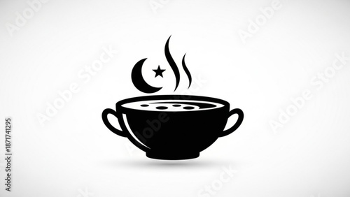 A steaming cup of coffee with a crescent moon and star on a plain background with silhouette and icon and illustration and graphic and black
