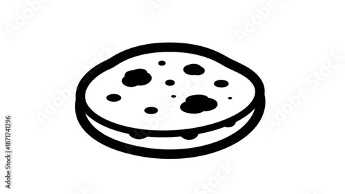 A black and white illustration of a chocolate chip cookie with a soft and chewy texture on a plain background with food and baking and dessert