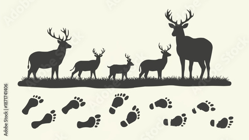 Deer Family Silhouette with Footprints.