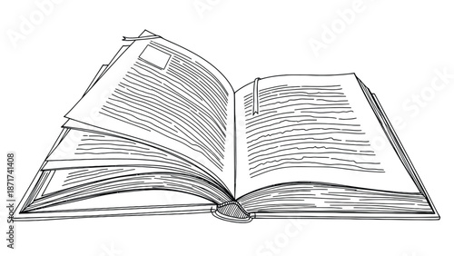 Open Book Sketch With Pages Fanned, Bookmark And Reading Moment For Education And Literature