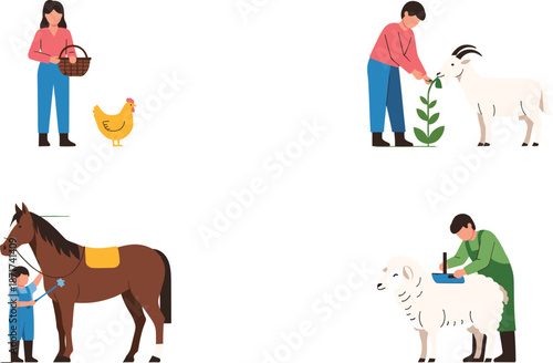 Farmers caring for animals including chickens, goats, horses, and sheep illustrated in a friendly agricultural countryside vector style