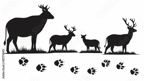 Deer Family Silhouette with Paw Prints on White Background.