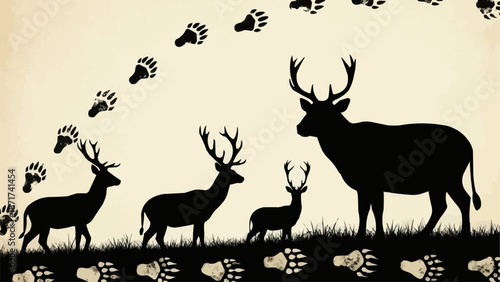 Deer family silhouette with paw prints in the background.