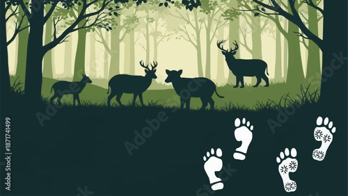 Deer herd in a forest with footprints.