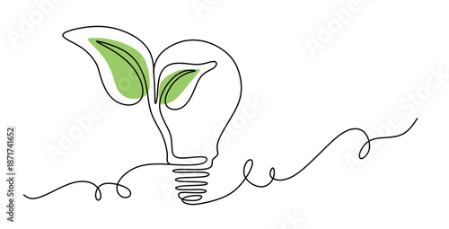 A minimalist line drawing of a light bulb with green leaves growing inside, symbolizing eco-friendly ideas and sustainable innovation.
