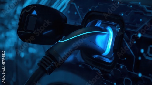 Futuristic Electric Vehicle Charging Connector With Blue Illumination In Dark Abstract Scene