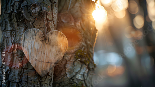 Rustic Wooden Heart Shape Carefully Carved Into Tree Bark Glowing In Soft Golden Sunset Light