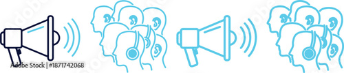A set of colorful icons depicting loudspeakers and crowds with sound waves on a for communication concepts