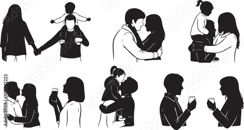 Silhouettes of couples in various romantic poses and settings