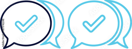 Two teal and navy blue speech bubbles with checkmarks inside