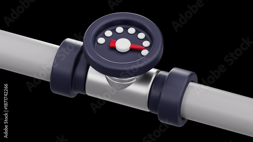 3D Water Meter Gauge on Pipe Icon, Alpha Channel