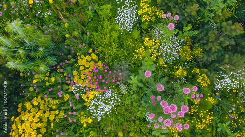 Vibrant Aerial View Of A Lush Garden Filled With Colorful Blooming Flowers