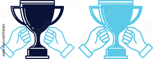 Two hands holding trophies in blue and teal colors