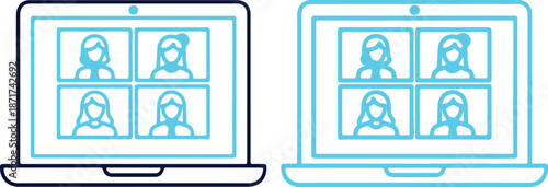 Vector illustration of two laptops with video conference on screen with people icons