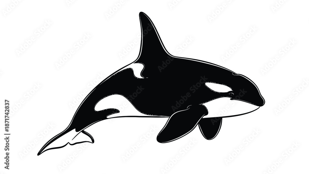 Obraz premium Orca Whale Silhouette in Black and White Swimming Gracefully Through Ocean Waters