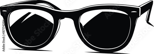 Stylized black and white vector illustration of classic wayfarer sunglasses with bold contours and minimalist fashion design