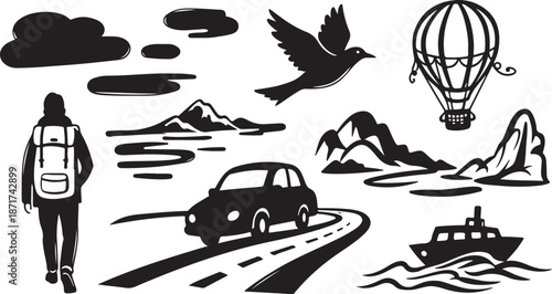 Travel and adventure icons in black and white