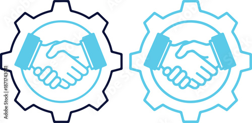 Vector handshake icons with gearwheels on for business partnership