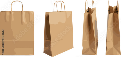Set of brown kraft paper shopping bags shown from different angles illustrated in clean realistic retail packaging vector style