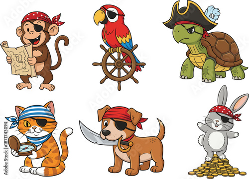 Cute pirate animals cartoon vector set with monkey, parrot, turtle, cat, dog, bunny in pirate costumes, treasure, map - flat vector