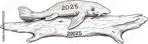 Realistic Fish Sculpture on Wooden Log with Year Markings for Nature or Wildlife Art