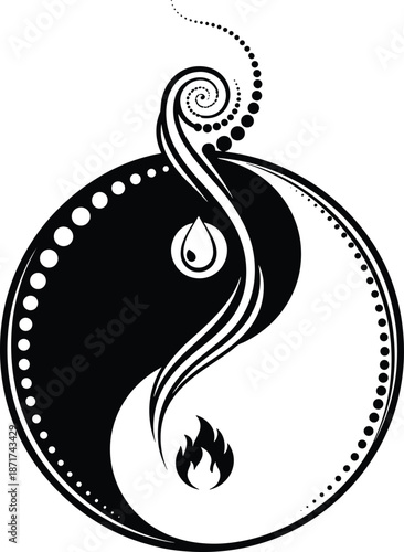 Stylized Black and White Yin Yang Symbol Vector Illustration with Fire and Water Elements for Spiritual Harmony Tattoo Design
