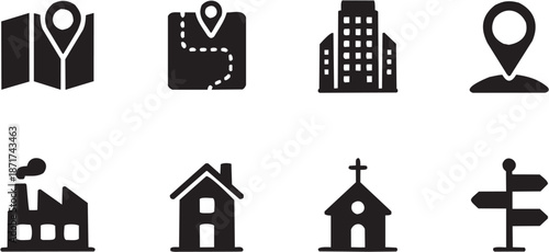 Location map vector illustration for travel app or city guide logo. Glyph pictograms of pin, house, church and building icons