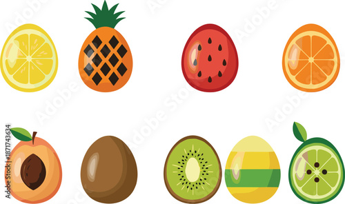 Set of colorful fruit-inspired Easter eggs decorated with lemon, pineapple, watermelon, kiwi, orange, peach, and lime designs