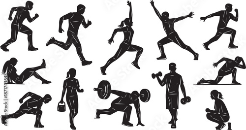 Silhouettes of people exercising and working out