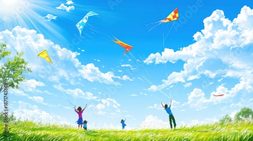 A happy family flying kites in a vast open field with bright blue skies.
