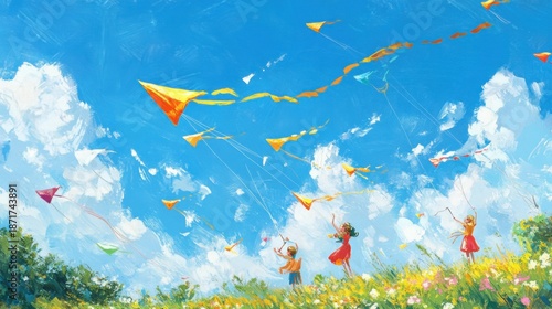 A happy family flying kites in a vast open field with bright blue skies.