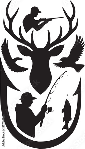Wildlife gear vector illustration for hunting tattoo or outdoor logo. Glyph pictograms of deer head, birds, helmet and fishing hook