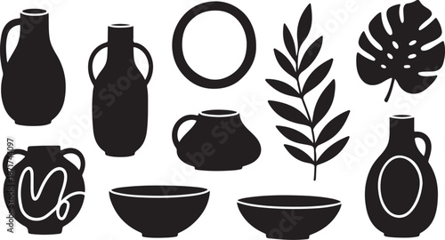 Black silhouettes of vases and bowls with leaves