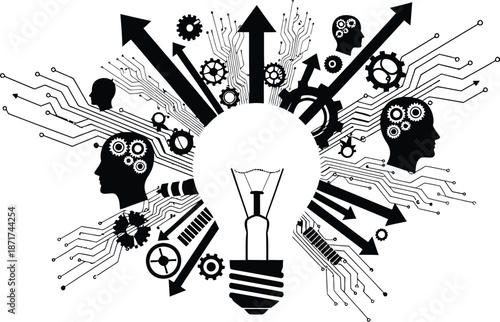 Abstract black and white graphic symbolizing the convergence of human thought technology mechanical processes and forward momentum represented by a central glowing lightbulb concept