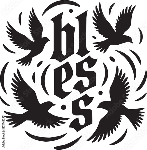 Bless birds vector illustration for spiritual tattoo or inspirational logo. Glyph pictograms of text bless with flying birds around