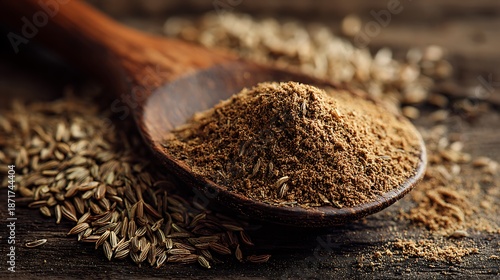 Cumin Powder and Seeds on Wooden Spoon