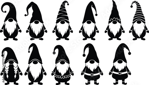   
Stylized black gnome silhouettes with unique hats, beards, and outfits — festive fantasy vector for decoration and character design.
