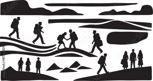Silhouette of People Hiking and Walking in Desert Landscape