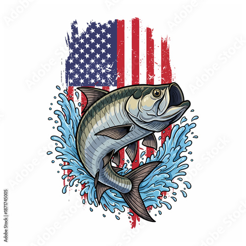 Tarpon fish jumping with American flag background in vintage illustration style