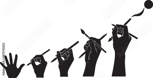 Hands holding paintbrushes in different positions and motions