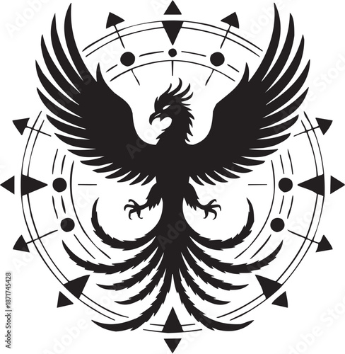 Phoenix vector illustration for tattoo art or logo design. Stylized glyph of rising bird with geometric wings and mythic fire symbol