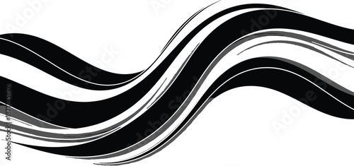 Abstract dynamic wave flowing smoothly across a clean white background featuring intricate layers of bold black and subtle white swirling ribbons creating a modern visual texture