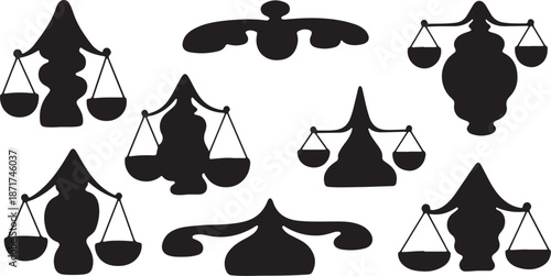 Set of justice scale silhouettes on white background