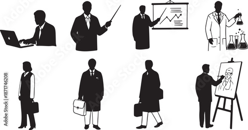 Business Professionals in Various Work Settings Silhouettes