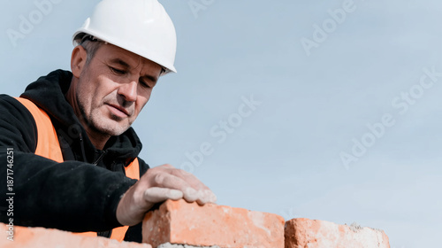 Bricklayer Construction Worker Laying Bricks Wearing White Hard Hat and Orange Reflective Vest Under Clear Blue Sky